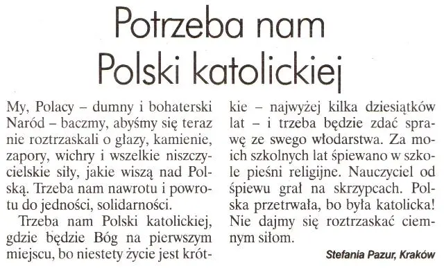Potrzeba nam Polski katolickiej