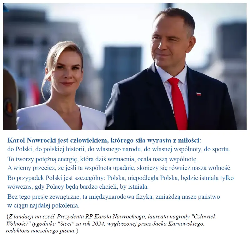Prezydent Karol Nawrocki "Człowiek Wolności" roku 2024