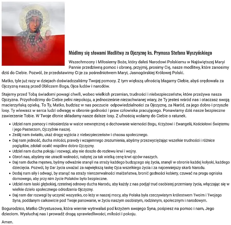Modlitwa za Ojczyznę ks. Prymasa Stefana Wyszyńskiego