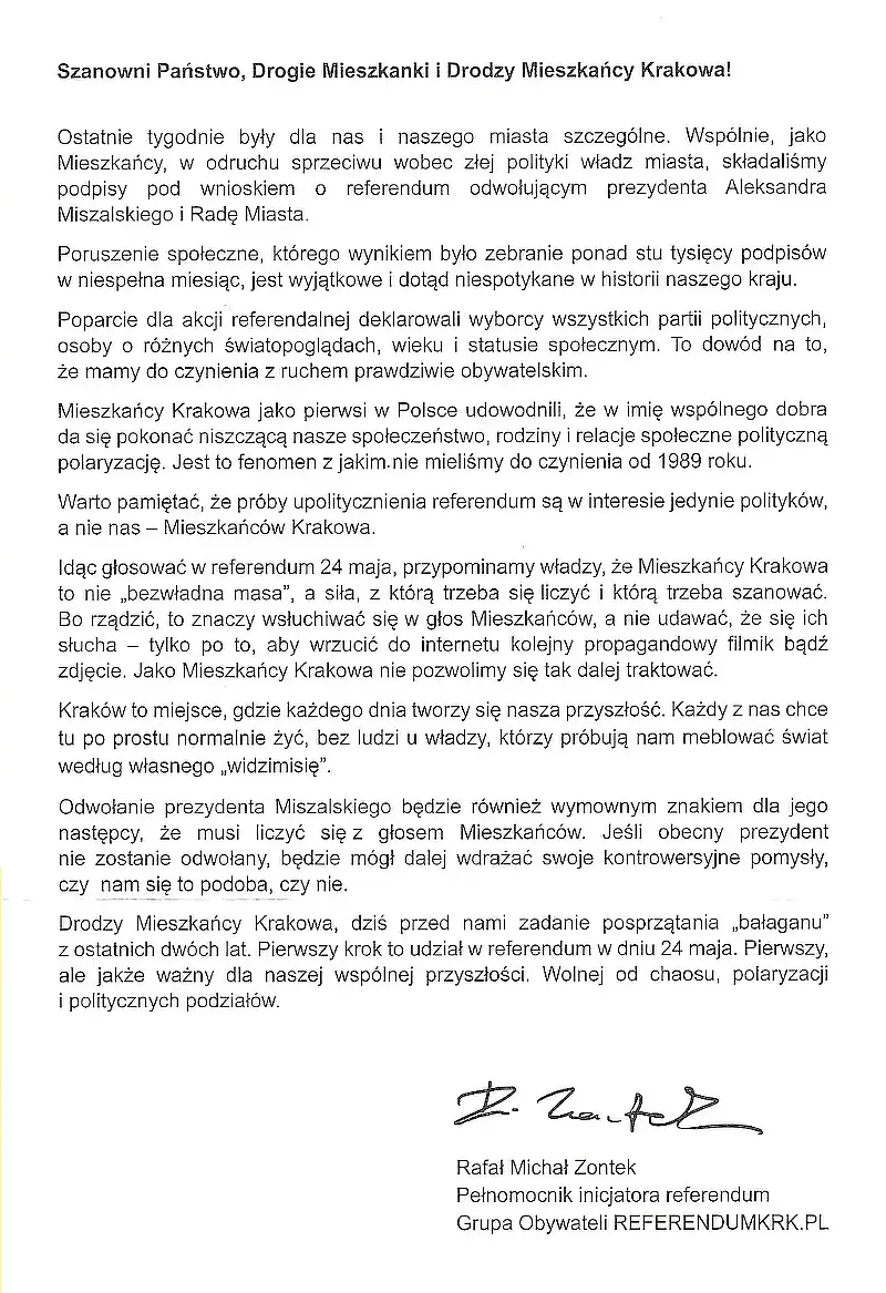 Referendum w Krakowie 24 V 2026 (Ulotka)