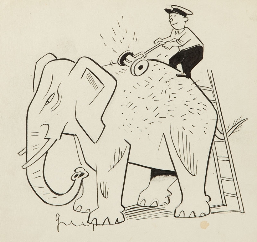 "Poranna toaleta", ilustracja satyryczna do czasopisma "Mucha", lata 50. XX w.