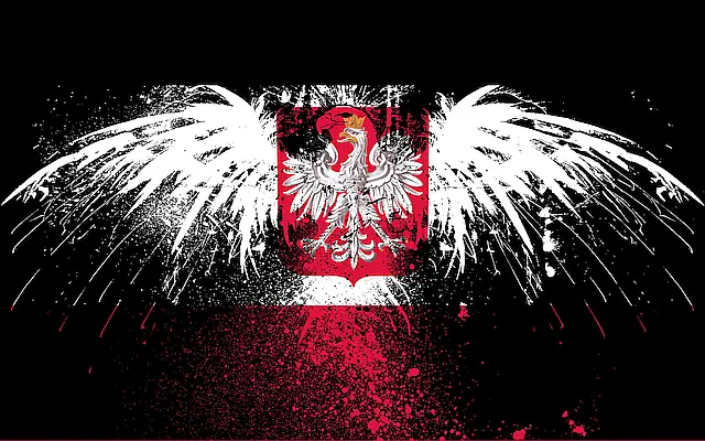Godło Polski Orzeł na tle flagi polskiej